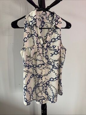 Express White Sleeveless Button Tank with Navy Chain Print